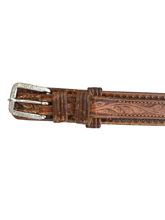 Men\'s Leather Belt Vintage Country Western Cowboy Ranger Style Tooled Brown